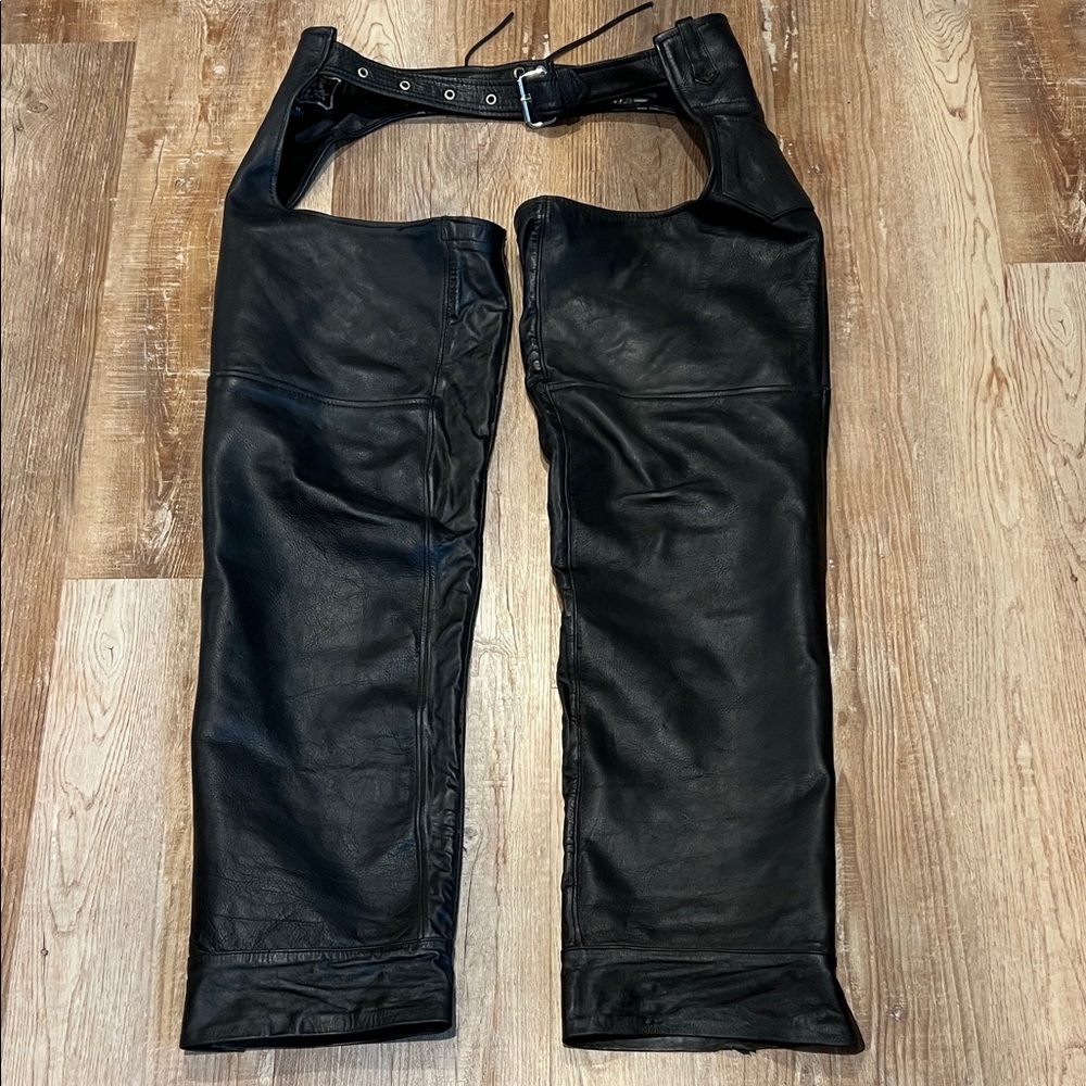 First Genuine Leather Black Motorcycle Chaps Med